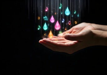 Illuminated Musical Notes and Drops of Light Falling into Cupped Hands Against a Dark Background