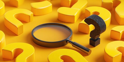 Bright yellow surface with question marks and magnifying glass