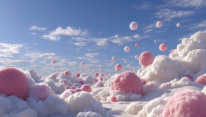 Pink and white cloud landscape, floating spheres