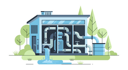 Cross-section view of a water treatment facility with pumps and pipes, illustrating sustainable resource management