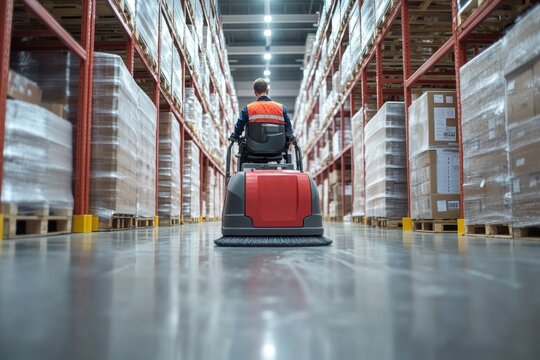 Man operating ride on floor sweeper machine cleaning polished concrete in a large warehouse aisle with stacked boxes