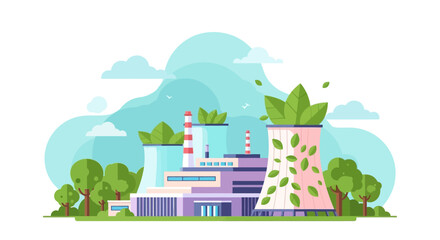 Sustainable green energy power plant with leaves on towers. Clean environmental production and ecology concept vector