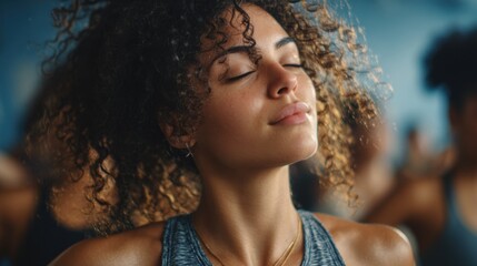 A person performing a cool-down stretch at the end of a class, with a peaceful and tired expression. The image is about the full cycle of a workout.