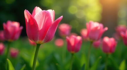 Obraz premium Vibrant Pink Tulips Basking in the Warm Glow of Sunset Light in a Lush Green Meadow