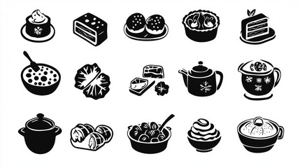 Variety of desserts and traditional dishes displayed in black and white silhouette artwork