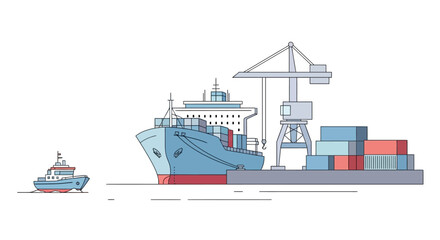 Large cargo ship docked at a port with a tugboat and crane loading containers