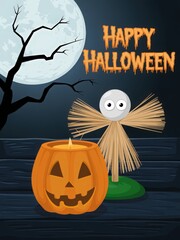 Happy Halloween Card with Pumpkin and Scarecrow