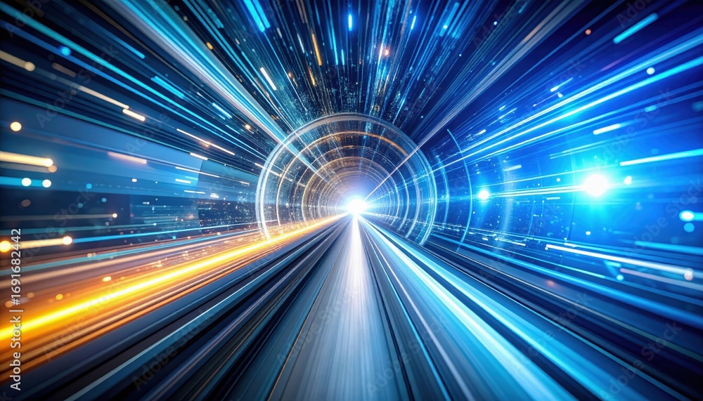 Poster a vibrant depiction of light streaks creating a tunnel effect, suggesting speed and motion through a