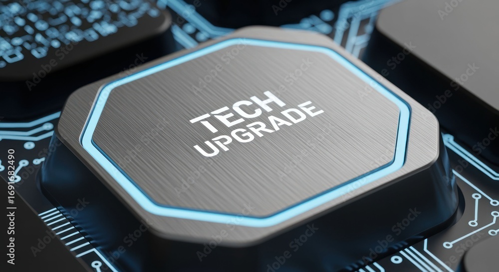 Poster modern technology upgrade button on circuit board background for promotions
