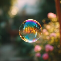 Colorful Soap Bubble Reflecting Garden Blooms and Natural Light