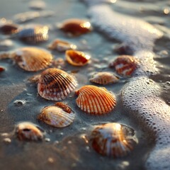 Colorful Seashells on Wet Sandy Beach with Ocean Waves