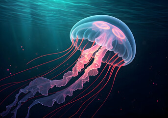 Vibrant Bioluminescent Jellyfish Gracefully Drifting Through Dark Ocean Waters with Ethereal Pink and Blue Tones