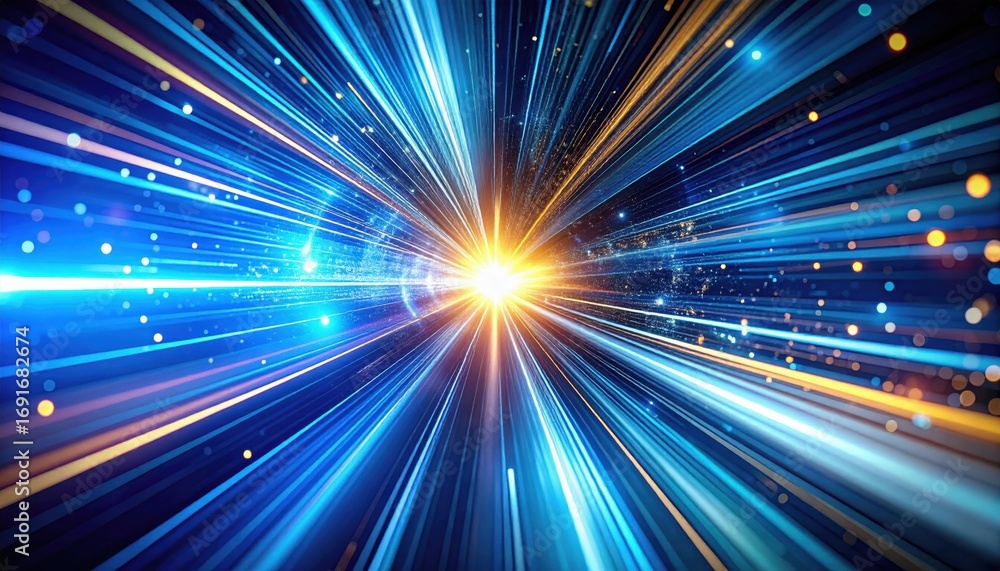 Poster a vibrant explosion of light and color, depicting dynamic energy with lines radiating outward, creat