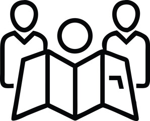 Team planning travel route, looking at map, simple line art icon