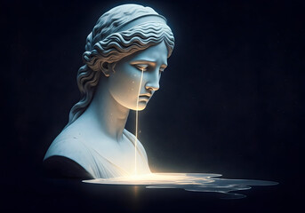 Melancholy Marble Bust Shedding Tears of Liquid Light into a Cosmic Pool Against a Starry Dark Background