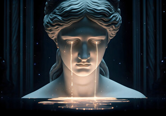 Melancholy Marble Statue Weeping Golden Tears in a Cosmic, Star lit Environment with Reflective Surface