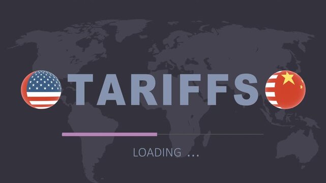 Trade war between the USA and China. Progress or loading bar. Tariffs text with spinning sphere textured by national flags. Trade, tax, tariffs and price war