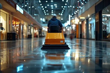 Person operating a floor cleaning machine in a brightly lit shopping mall corridor