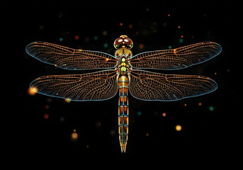 A Luminous Dragonly with Intricate Wings and Segmented Body Glows Against a Dark, Starry Background