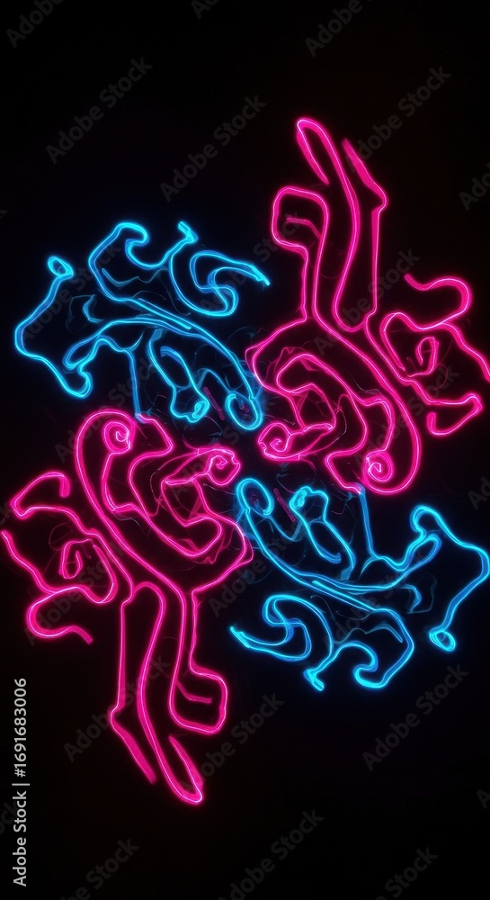 Poster intricate neon pink and blue abstract design with flowing lines on a black background creates a dyna