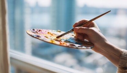 Close-up of hand painting on palette