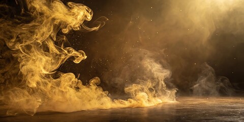 Intense golden flames and smoke rise from a dark surface with dramatic lighting and atmospheric effects
