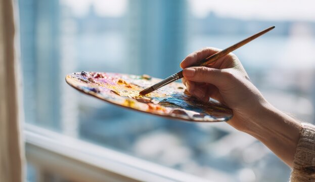 Close-up of hand painting on palette