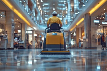 Man operating floor scrubbing machine in a bright modern shopping mall