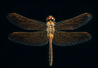 Intricate Top down View of a Detailed Dragonfly with Translucent Wings Against a Black Background