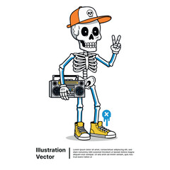 Cool Skeleton Character Holding Boombox and Making Peace Sign Illustration