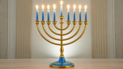 Fototapeta premium A beautifully designed menorah with blue accents and lit candles, symbolizing the Jewish festival of Hanukkah.