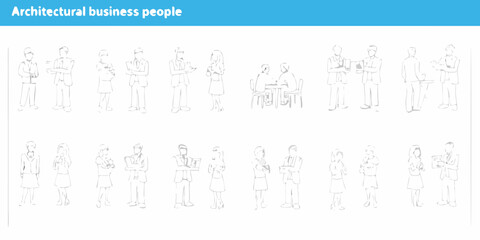 Collection of minimalist line art sketches depicting diverse business people in various poses and interactions