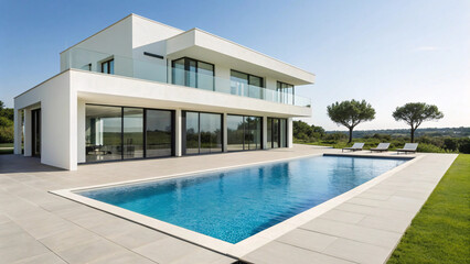 Fototapeta premium Sleek two-story modern villa with expansive glass facades, infinity pool, and pristine white architecture surrounded by Mediterranean countryside vegetation.