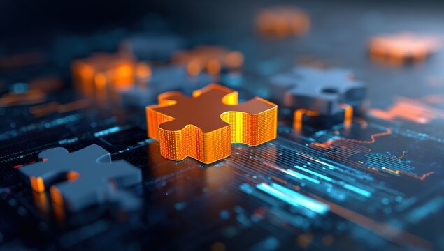 Abstract image of glowing orange puzzle piece on a dark digital circuit board