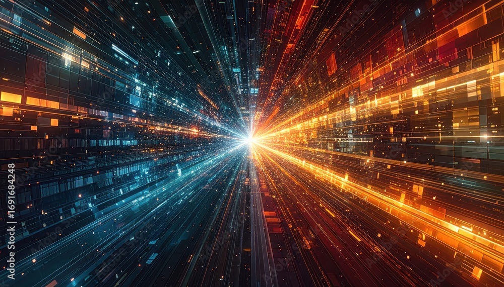 Poster a dynamic, futuristic tunnel of glowing, interconnected digital squares and lines radiates outward f