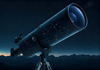 Obraz premium Telescope Pointing Towards the Starry Night Sky with Constellations Painted on Its Barrel and Silhouetted Mountains Below