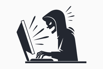 Silhouette of a Grim Hacker Typing on Keyboard with White Background