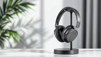 Minimalist black headphones mockup on a stand with a neutral background