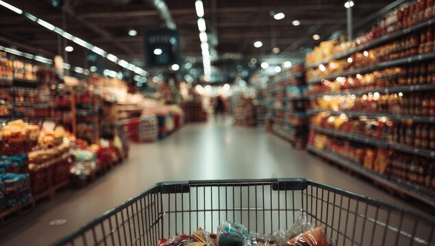 Grocery store aisle with shopping cart