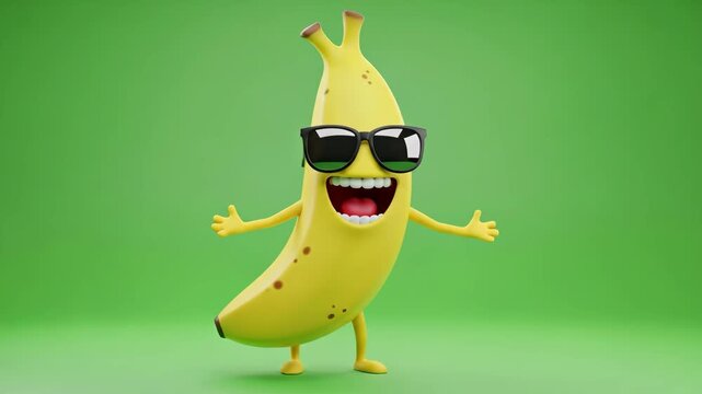 Funny Cheerful 3D Banana Cartoon Character - A happy, 3D-video banana character wearing sunglasses laughs while standing against a green screen background.