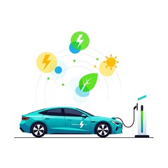 Naklejka premium Electric Blue Sedan Car Charging at Station with Renewable Energy Symbols