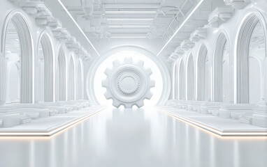Futuristic white interior with large gear in the center and arched corridors