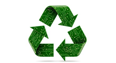with Generated AI | Green recycling symbol with electronic circuit board pattern promoting e-waste recycling and environmental sustainability