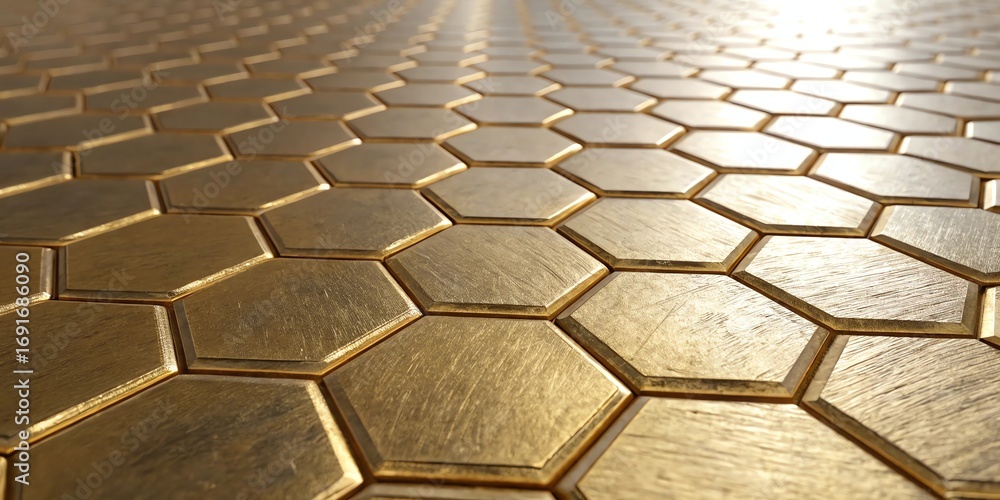 Poster close up of a textured metallic hexagonal tile floor with a golden sheen and reflective surface