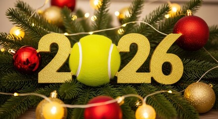 Holiday Tennis-Themed 2026 Banner with Decorative Pine and Snowflakes