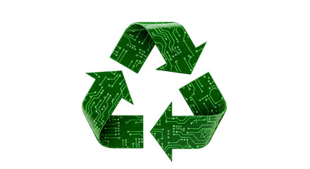 Obraz premium with Generated AI | Green recycling symbol with electronic circuit board pattern promoting e-waste recycling and environmental sustainability