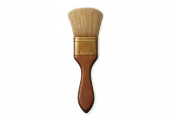 Wooden paintbrush with golden ferrule, pristine and unused, sitting against transparent background for artistic endeavors
