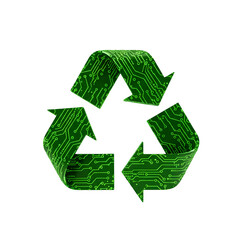 with Generated AI | Green recycling symbol with electronic circuit board pattern promoting e-waste recycling and environmental sustainability
