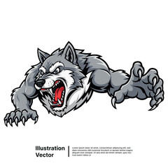 Dynamic illustration of an enraged grey wolf mascot with sharp claws and bared fangs, ready to strike