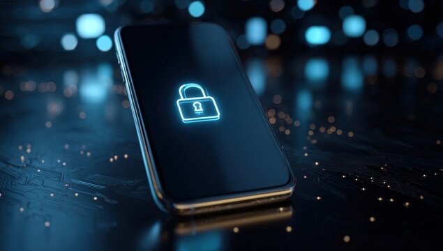 Smartphone with security lock icon.  Modern, futuristic